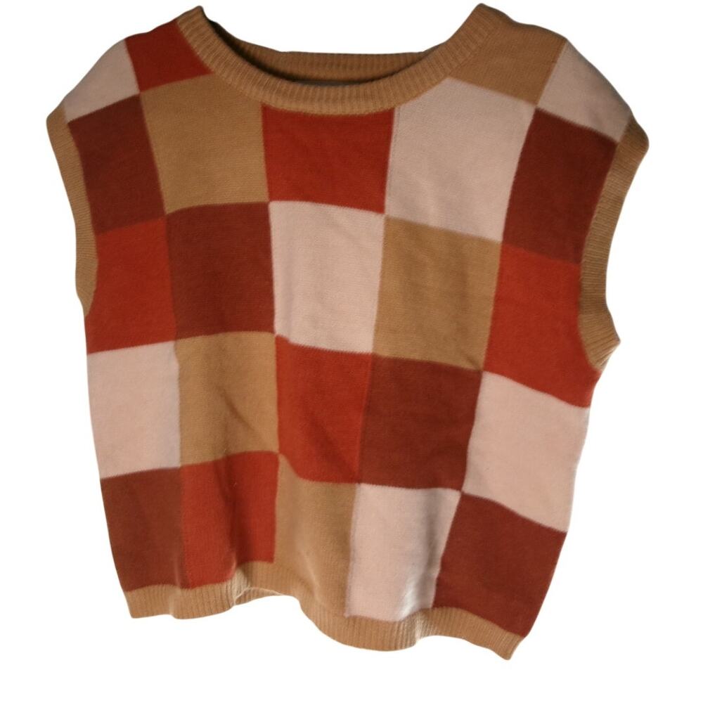 Altar'd State Colorblock Sweater Vest Plaid Knit Tan Rust Women's M